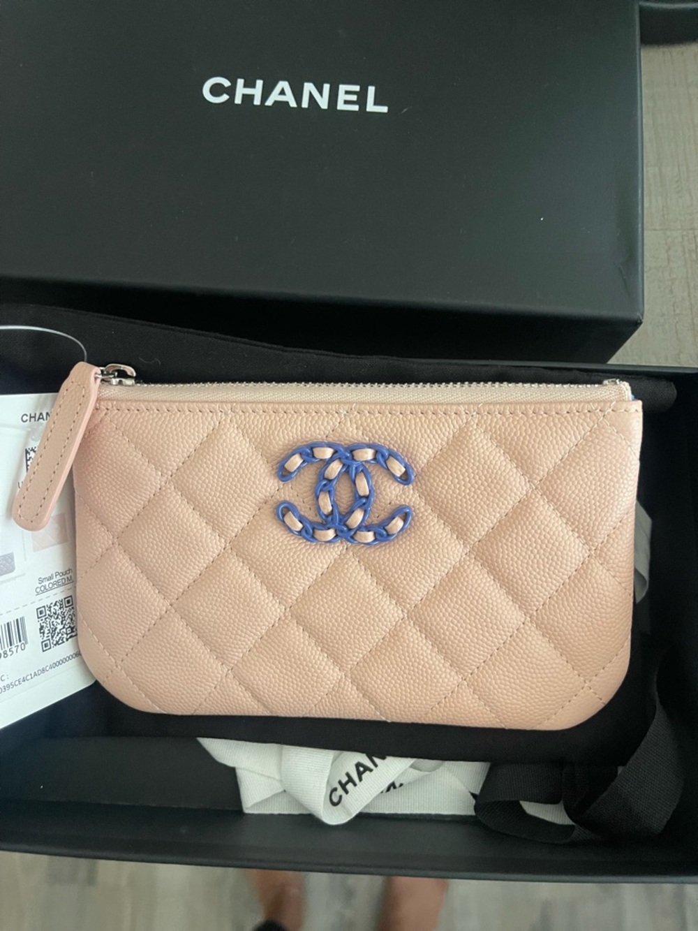 CHANEL Quilted Caviar Leather Zip Pouch in Blush Pink with Blue CC Small o pouch